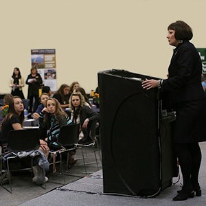 the dean of COE speaks to groups of students