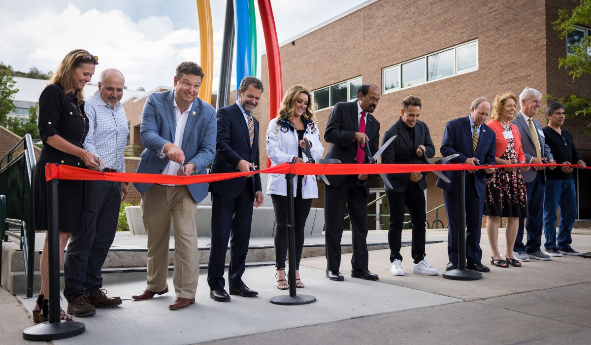 photo of the ribbon cutting ceremony for the Olympic and Paralympic sculpture on UCCS campus