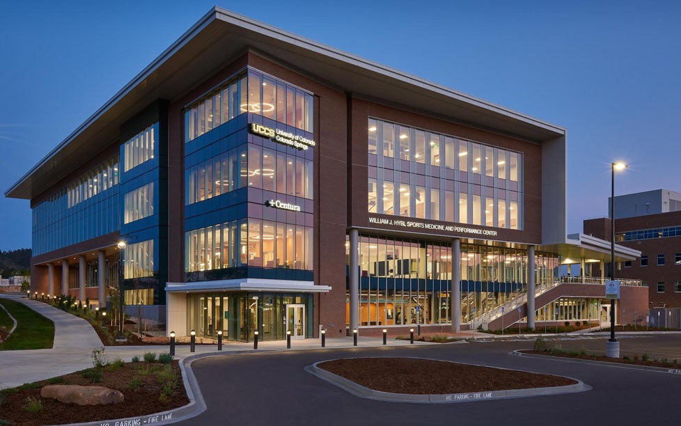 the hybl center building at night