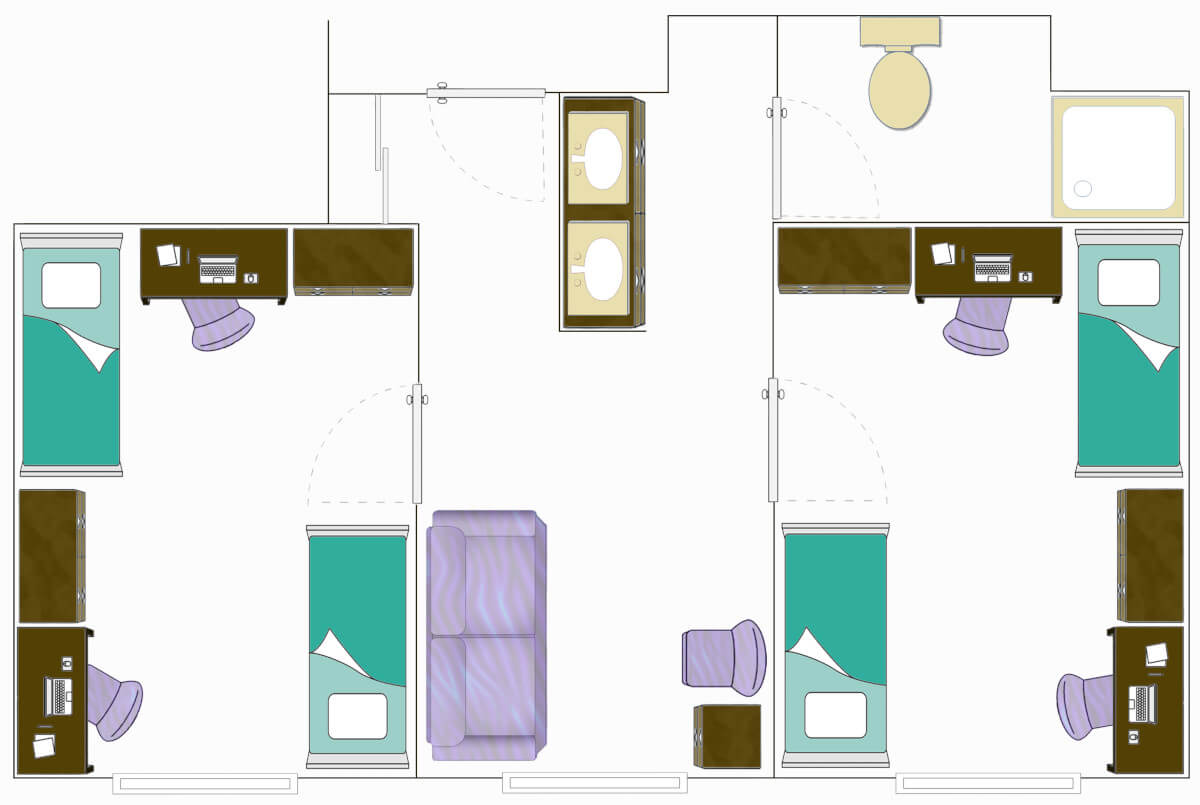 a bedroom layout depicting bedrooms and a shared space